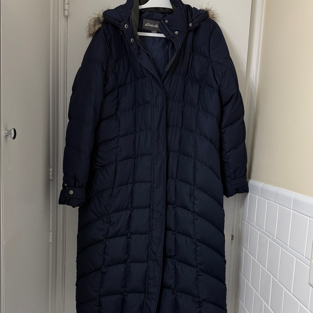 Eddie Bauer Navy Long Quilted Puffer Coat with Faux-Fur Trim Hood